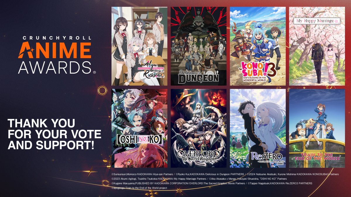KADOKAWA Anime (@kadokawaanimech) on Twitter photo 🌟Thank You for the Nomination!🌟
Multiple KADOKAWA titles were celebrated as nominees at the #AnimeAwards🎉
Thank you to everyone who supported our titles!
Congratulations to all of the nominees at <a href="/TheAnimeAwards/">The Anime Awards</a>! 🌟Thank You for the Nomination!🌟
Multiple KADOKAWA titles were celebrated as nominees at the #AnimeAwards🎉
Thank you to everyone who supported our titles!
Congratulations to all of the nominees at <a href="/TheAnimeAwards/">The Anime Awards</a>!