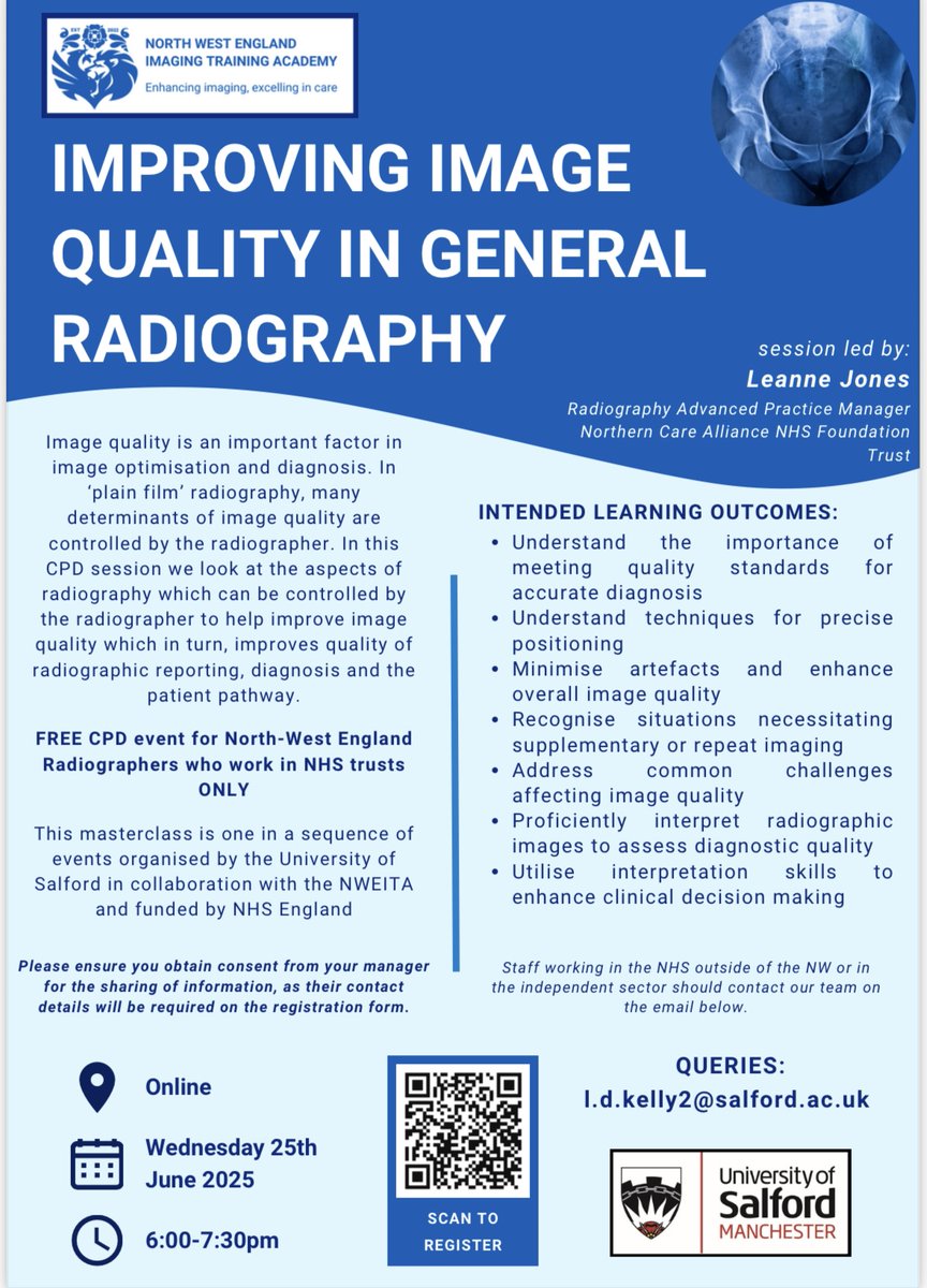Free CPD Opportunity! 🎓

North West radiography staff, join our online session! Register via the North West England Imaging Training Academy learning platform. Scan the QR code to create an account and register.

#CPD #Radiography #FreeCPD #NorthWestRadiography #OnlineLearning