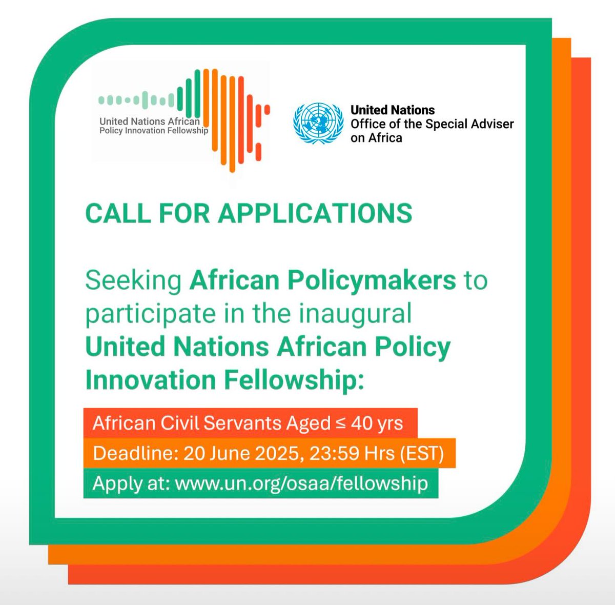 🚨 Fully funded UN African Policy Innovation Fellowship 2025 is now open—gain policy skills at UN HQ NY, incl. flight, stipend &amp; mentorship! Apply by June 20 👉 wp.me/p23f03-eFc 

#UNFellowship #PolicyLeadership #OpportunitiesForYouth