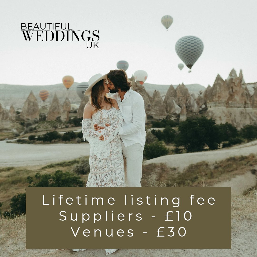 For a one-off LIFETIME fee of just £10 (suppliers) or £30 (venues):
• A spot in our directory
• Promotion across social media
• Priority contact for magazine editorial features
beautifulweddingsuk.co.uk/advertise/

#BeautifulWeddingsUK #WeddingDirectory #WeddingVenuesUK #WeddingSuppliersUK