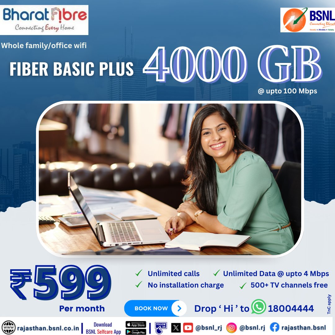 Experience the lightening fast connectivity !
Enjoy calling, surfing, downloading, live TV, exclusive movies, and seamless streaming ...

Affordable #FTTH plans designed for you.

Drop 'Hi' on 18004444 (Whatsapp) to #BookNow
Subscribe #IFTV: fms.bsnl.in/iptvreg