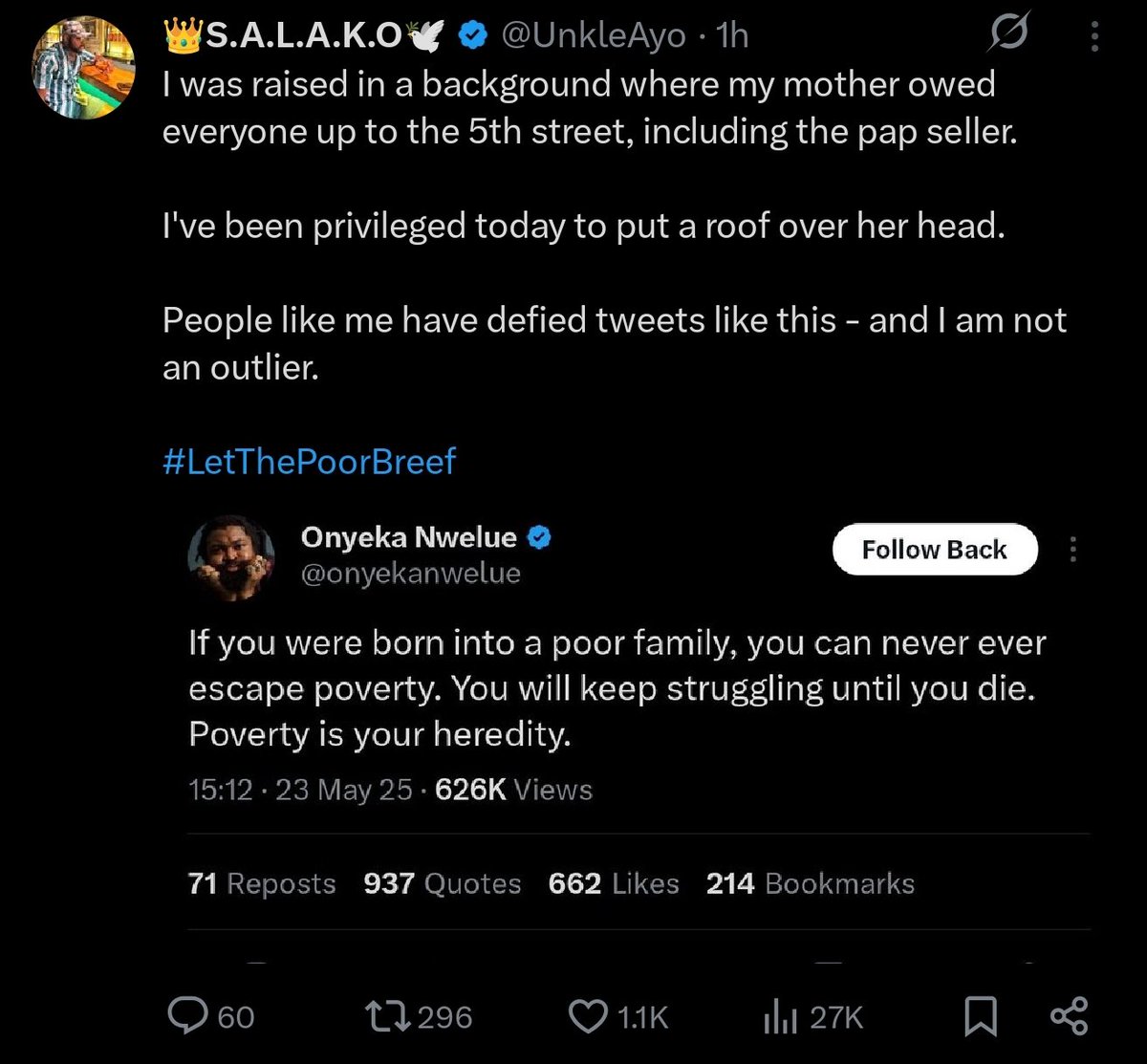 UnkleAyo's tweet image. A very short story.

Gap between screenshot I &amp;amp; II is where he quotes, calling me "struggling"  [I can't find the screenshot].

I won't do poverty olympics on x with you, or brokeshame unprovoked.

But if you think you can speak English and want to mud bath with me, ask around.