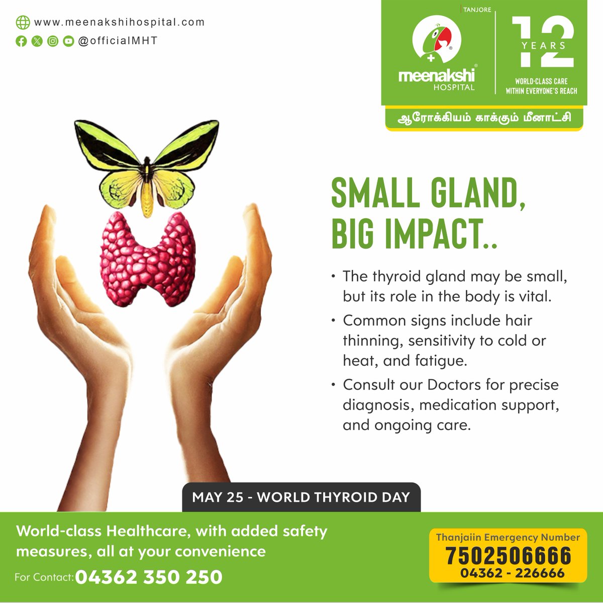 Small Gland, Big Impact! 

Consult our Doctors for precise diagnosis, medication support and ongoing care for Thyroid.

#WorldThyroidDay #ThyroidAwareness #ThyroidHealth #FightThyroidDisease #ThyroidJourney #meenakshihospital #meenakshihospitalthanjavur #MHT #Thanjavur
