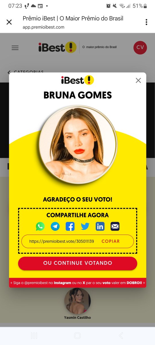 Mais um dia de votações,  às 7:23 exerci a minha escolha na nossa estrelinha <a href="/brunapgo/">Bruna Gomes</a>. A sua criatividade é inspiradora consegue transformar a nais simples das ideias, em algo extraordinário.  Votem, votem muito, todos juntos vamos mais longe. Sejam felizes.😘
 #brunardo