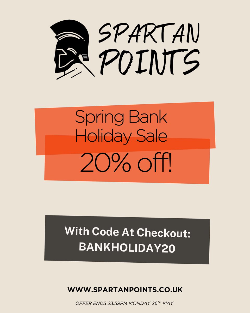 SPRING BANK HOLIDAY SALE 🚨 
Use Code: BANKHOLIDAY20 🛡️

spartanpoints.co.uk/collections/all