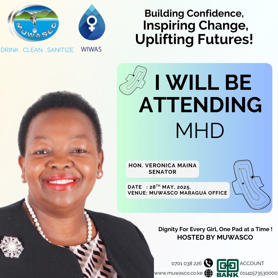 Proud to welcome Senator Veronica Maina to this year’s Menstrual Hygiene Day at MUWASCO Maragua 💧
📅 28th May, 2025
One pad at a time, we restore dignity.
#MHD2025 #PeriodPride #MUWASCO