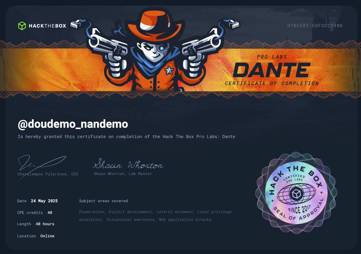 doudemo_nandemo's tweet image. HackTheBox Dante Done !
#HackTheBox #dante #prolabs #CyberSecurity #Pentesting
