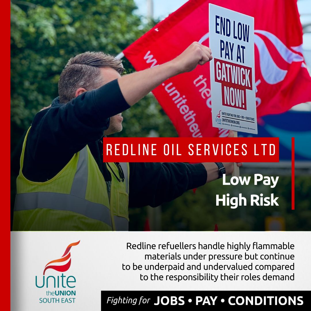 🚨 <a href="/unitetheunion/">Unite the union: join a union</a> members at Redline perform critical tasks involving the handling of highly flammable materials under pressure. Despite the high-risk nature of their work, they feel their compensation does not reflect it.

#RedlineStrike #GatwickRefuellers