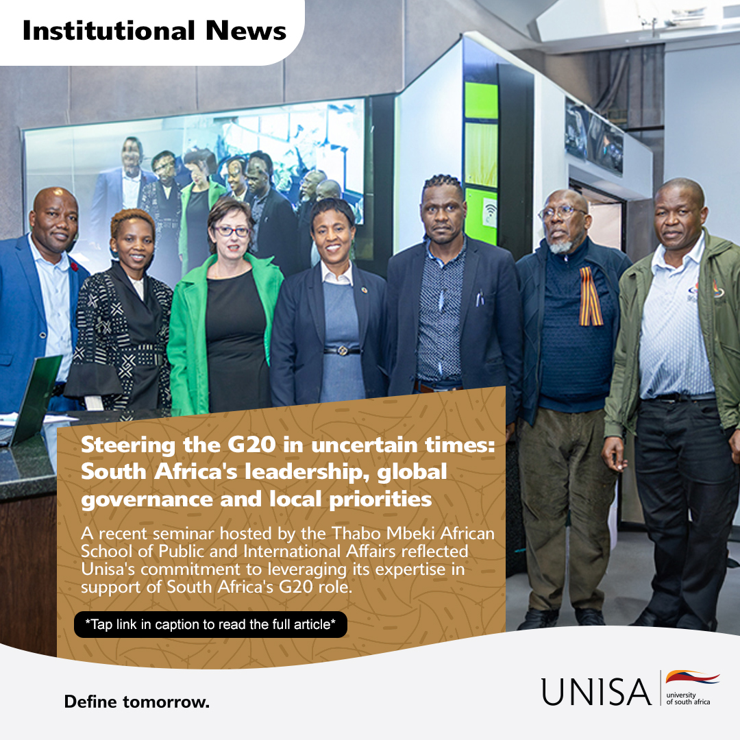 A recent seminar hosted by the Thabo Mbeki African School of Public and International Affairs reflected Unisa's commitment to leveraging its expertise in support of South Africa's G20 role. ow.ly/Gtvv50VWUmY  
#Unisa150andBeyond