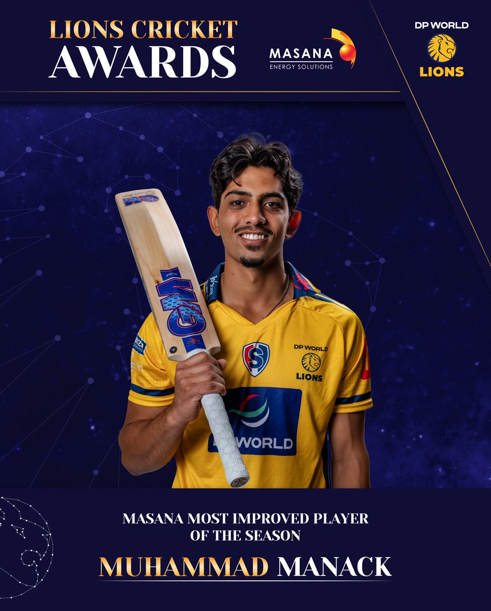 The “Masana Most Improved Player of the Season” Award goes to...

✨Muhammad Manack!✨

Congratulations on this award Muhammad. You had a great season, where you put your hand up and stepped up at times when it mattered most.👏🦁

#LionsCricket #ThePrideOfJozi
#SpiritOfChampions