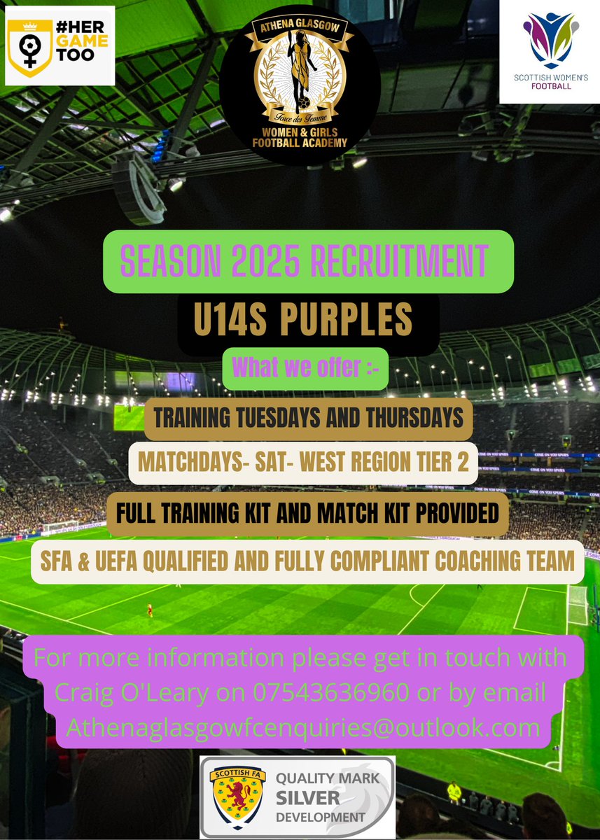We are recruiting for our U14s Purples squad.

Please get in touch if you are looking for a fresh challenge 

Based Springburn Park Astro 

Training Tuesday and Thursdays, match day Saturdays.

💜💚⚽️ 07543 636960