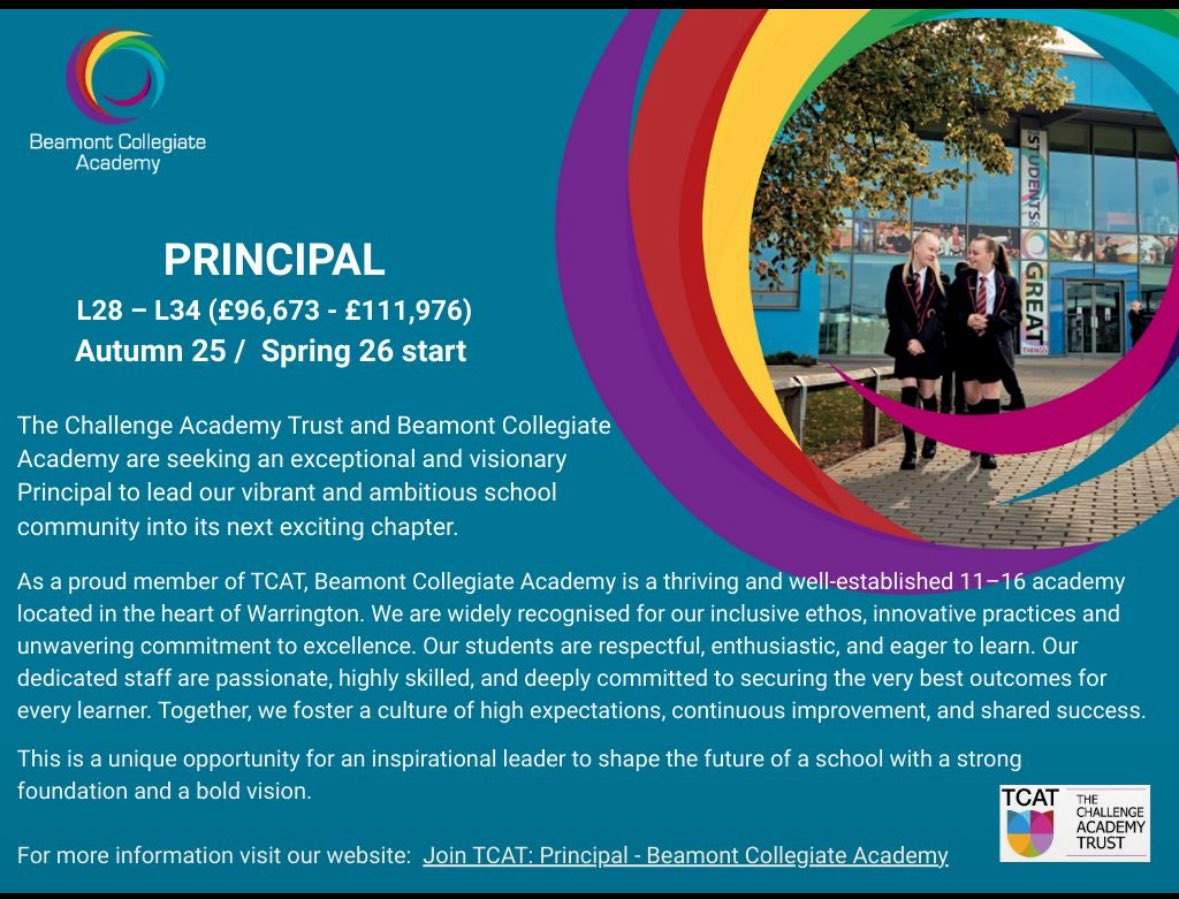 The Challenge Academy Trust <a href="/TCATchallenge/">The Challenge Academy Trust</a> &amp; Beamont Collegiate Academy are seeking a dynamic &amp; self-motivated new Principal to lead our vibrant &amp; ambitious secondary school into its next new chapter.

This is an exciting time to join our trust!
tcat.uk.com/job/principal-…