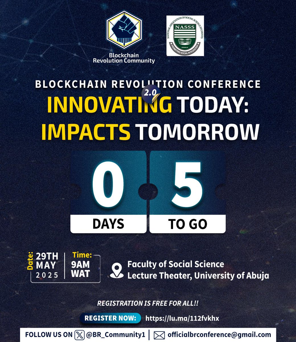 Blockchain Revolution Community (@br_community1) on Twitter photo The countdown gets louderโฆ๐ฅ
5 DAYS TO GO till we gather the future of blockchain under one roof๐ค
#BRC2.0 isnโt just a conference โ itโs a movement.
29th May | 9AM | UniAbuja
Register FREE: lu.ma/112fvkhx
#BlockchainRevolution #Blockchain #BRC2.0 #BRC'25 The countdown gets louderโฆ๐ฅ
5 DAYS TO GO till we gather the future of blockchain under one roof๐ค
#BRC2.0 isnโt just a conference โ itโs a movement.
29th May | 9AM | UniAbuja
Register FREE: lu.ma/112fvkhx
#BlockchainRevolution #Blockchain #BRC2.0 #BRC'25