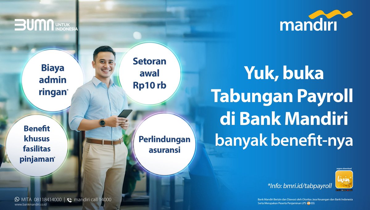 Gaji lancar, banyak benefitnya! ✨

Yuk, buka Tabungan Payroll di Bank Mandiri dan nikmati berbagai benefitnya:

💸 Biaya admin ringan*
📥 Setoran awal cuma Rp10 ribu
🏦 Benefit khusus untuk fasilitas pinjaman*
🛡️ Perlindungan asuransi

Gaji masuk makin tenang, finansial makin