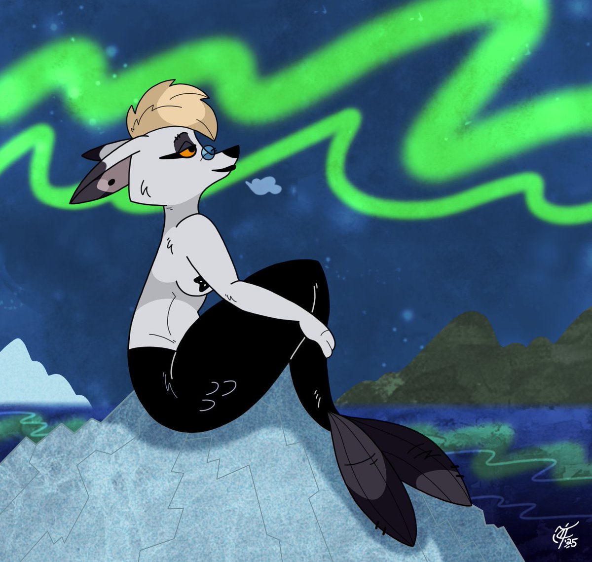 ScooterDoodles's tweet photo. Ingrid Melrakki as a merfox admiring the Northern Lights in her homeland 🧜‍♀️🦊🤍🖤🌊❄️🌌😉 #MerMay2025 #IngridMelrakki #arcticfox #blackstarfish #coldbutbeautiful #foxylady #gothfox #merfox #iceberg #icelandicbabe #northernlights #ocart https://t.co/nbBwWpx6ka
