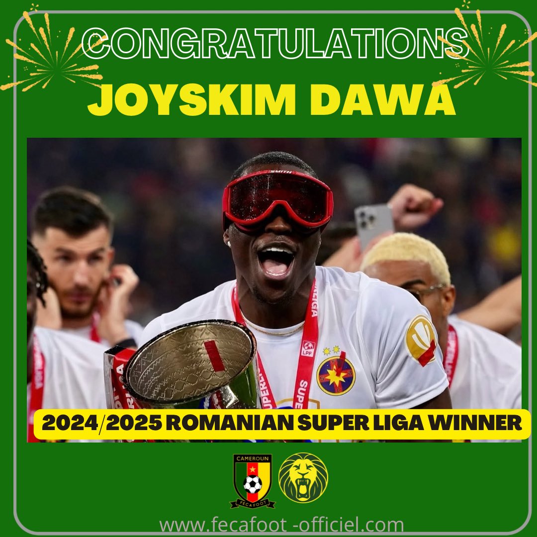 LIndomptables's tweet photo. The Cameroonian Football Federation sends its congratulations to Cameroonian international Joyskim Dawa, winner of the 2024/2025 Romanian Super Liga.
#SUPERLIGA
#INDOMITABLES https://t.co/UXawiw7RCN