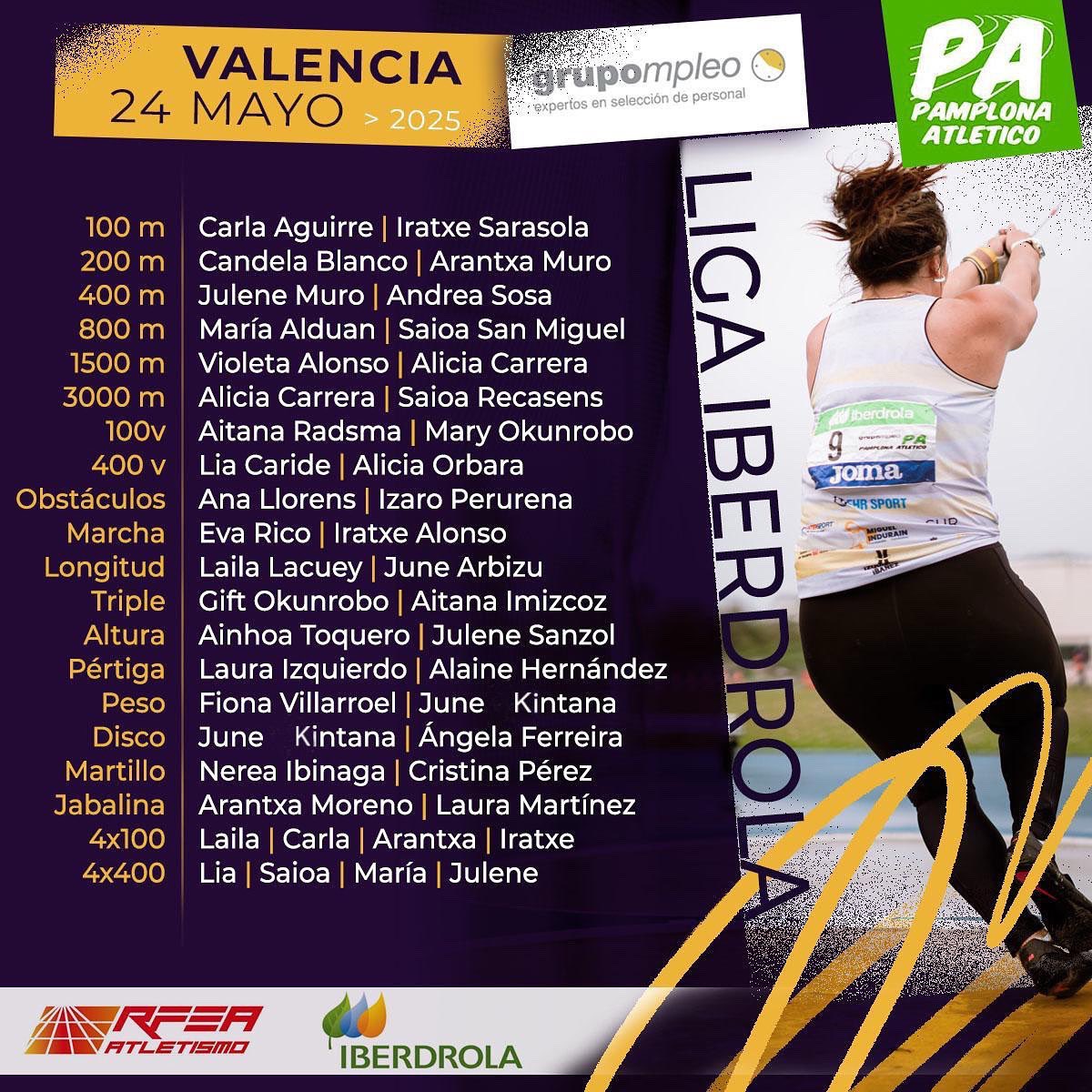 🔥 ¡Nuestro equipo para hoy en Valencia! 

👉🏽 2ª jornada de Liga Iberdrola de División de Honor @atletismorfea 👈🏽

💌 Hoy se puede sellar la permanencia en la máxima categoría 💌

💛💚 #SoñemosSinLímites