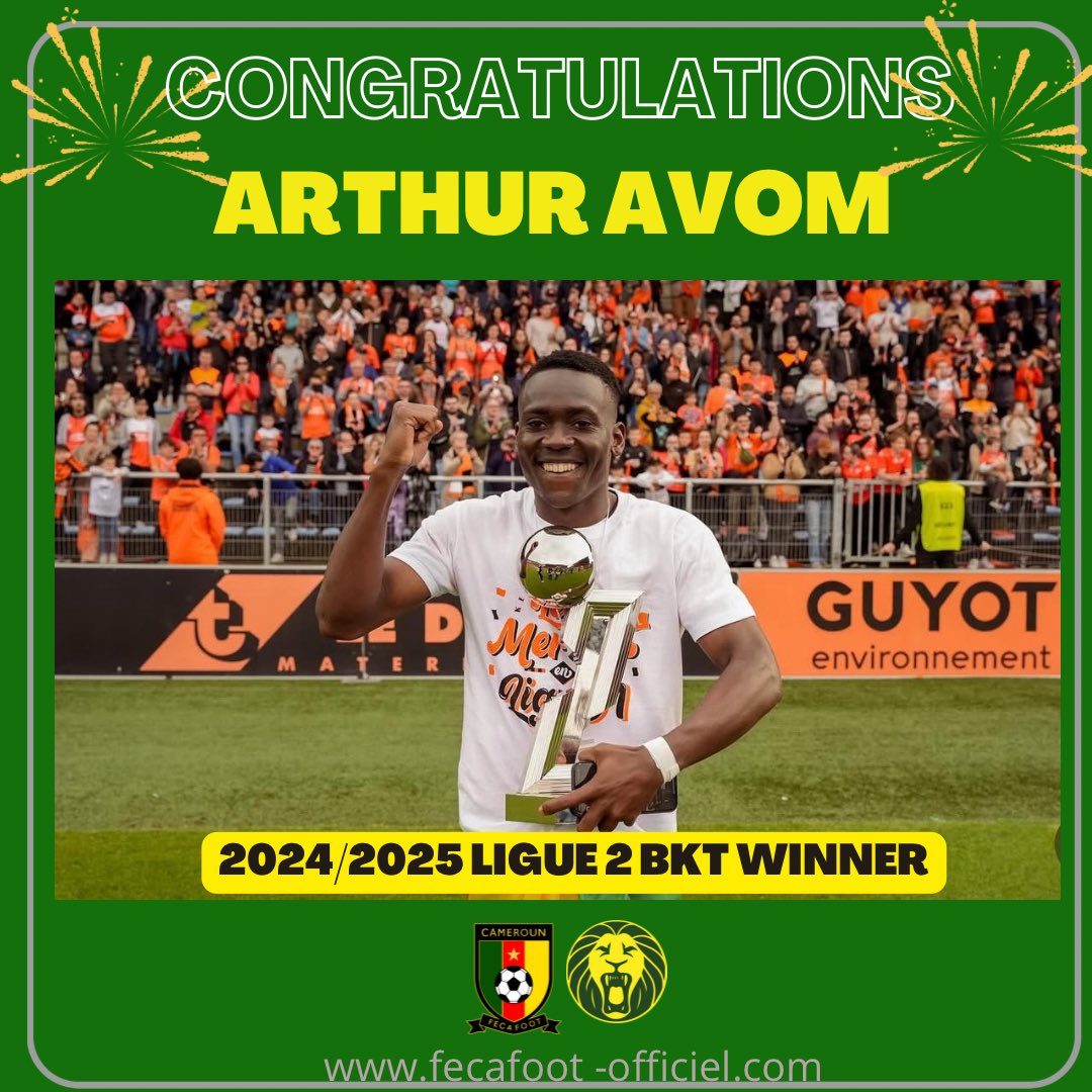 LIndomptables's tweet photo. The Cameroonian Football Federation sends its congratulations to Cameroonian internationale Darlain Yongwa and Arthur Avom, winner of the 2024/2025 Ligue 2 BKT.
#SUPERLIGA
#INDOMITABLES https://t.co/sun6FWSKRV