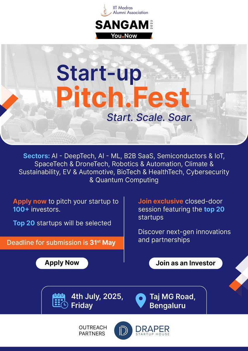 Calling all Deeptech &amp; AI startups raising up to $5M

Draper Startup House is proud to be an Outreach Partner 

Register:
iitmaa.org/events/15486

Open to all 100+ investors will be attending, including early-stage VCs, family offices and HNIs.

Non-IITM startups are welcome too!