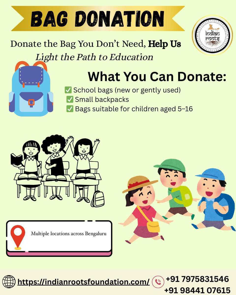 School Bag collection Drive – Volunteer Task 🌟

Hi team! As part of our school bag drive for underprivileged kids, we need each Indian Root Foundation volunteer to identify a collection spot (like your home, apartment lobby, school, etc.) and take charge of collecting bags.