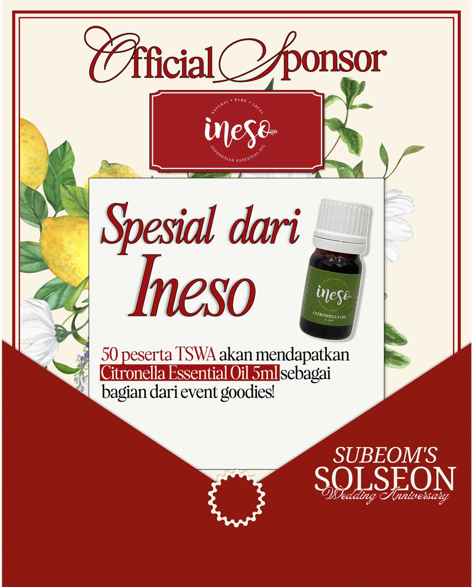 temusubeom's tweet photo. We're thrilled to welcome INESO as a sponsor for Solseon Wedding Anniversary! 🕊️
50 peserta TSWA akan mendapatkan Citronella Essential Oil 5ml sebagai bagian dari event goodies!
#TemuSubeom #SolseonWeddingAnniv #INESO https://t.co/ZxPQW36pal