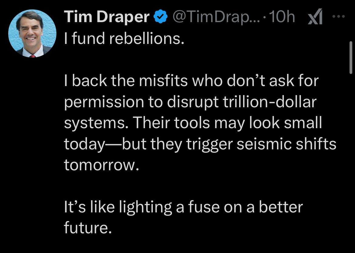 Tim Draper doesn’t just write checks, he bets on people before anyone else sees the vision.

DraperVC is where the real outliers find support. It’s not about playing it safe. It’s about backing bold ideas that feel crazy… until they change everything. 

Tim’s the kind of early