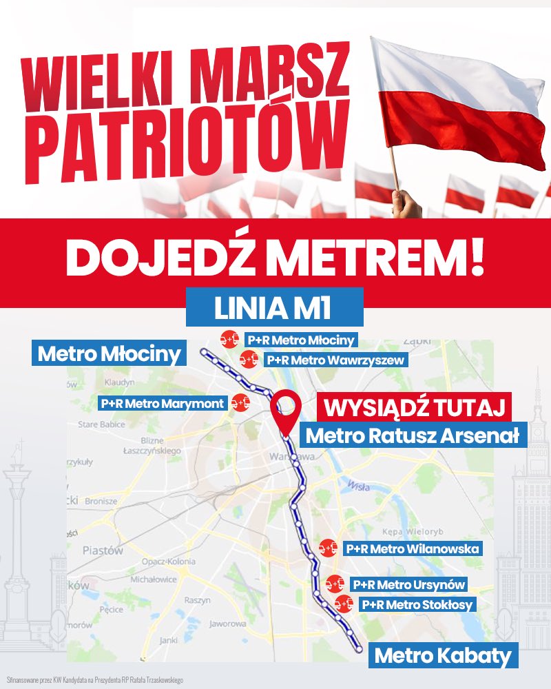 Jak dojechać na #WielkiMarszPatriotów❓ Najlepiej metrem❗

Z linii metra M1 wysiądźcie na Metro Ratusz Arsenał i o 12:00 ruszmy razem na marsz ✌🇵🇱

#Trzaskowski2025 #WygraCalaPolska