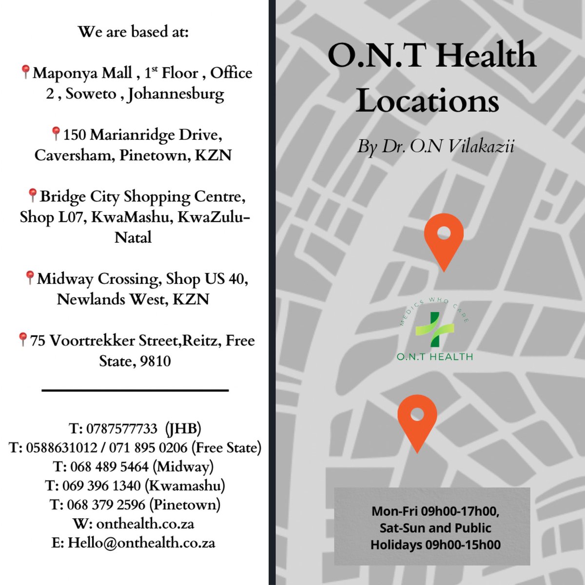 MedicsWhoCare's tweet image. As O.N.T Health, we always make sure to prioritize our patient’s medical needs at all times 💚
Make your way to any of our practices for all your medical needs today.
Operating hours : 9:00-15:00
By Dr. O.N Vilakazi @OlwethuVilakazi
