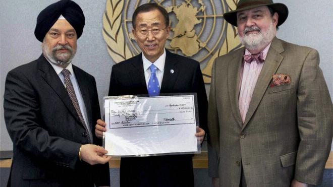 Hardeep Singh Puri handed over a $20 million cheque to UN Secretary-General Ban Ki-moon for Pakistan's 2010 flood relief, part of a $25 million package. Despite past tensions, Puri emphasized solidarity, saying, "India stands by Pakistan in their hour of need." The UN coordinated