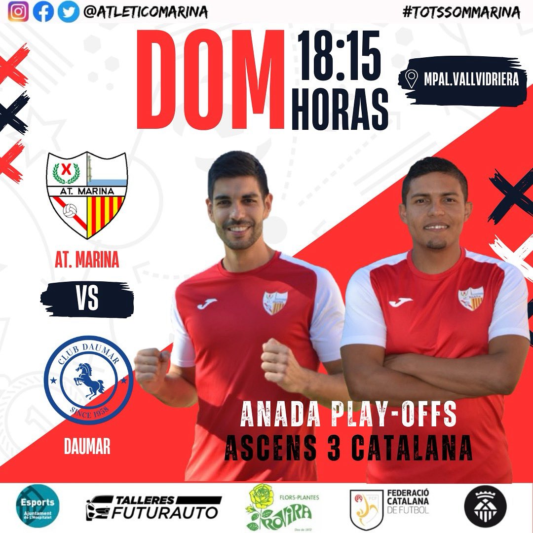 ⚽️ Daumar vs Atlético Marina
🕒 Diumenge 25 - 18:15
📍Municipal de Vallvidriera

🔴⚪️ Anada dels Play-offs d’ascens a 3catalana 

📹 Podreu veure el partit en streaming 🔴⚪️
