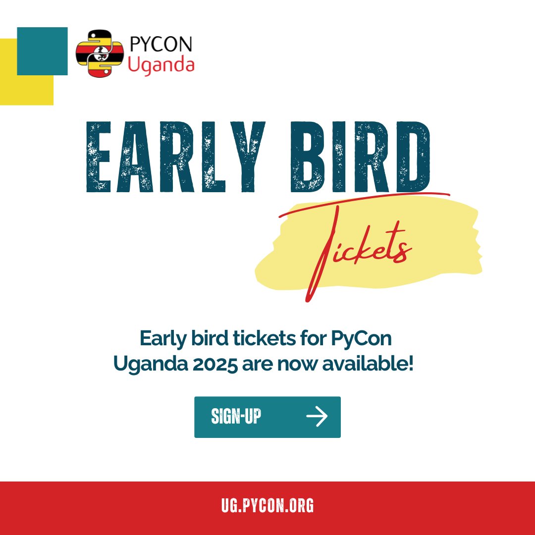Early Bird Tickets Are Live!
#PyConUganda2025 is not just a conference, it's a celebration of code, community, and creativity.

Save BIG by booking your ticket early!

🗓 Date: August 6–10, 2025
📍 Location: Kampala, Uganda
🎟️ Tickets: ug.pycon.org

#PyCon #PyConUganda