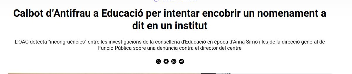 A <a href="/educaciocat/">Educació</a> es concentra molt poder sense cap control en direccions. S'encobreixen casos de corrupció quan alguna fa abús de poder. Que sigui l'Oficina Antifrau qui faci investigui denúncia i no educació és molt greu. 👉elmon.cat/societat/educa…