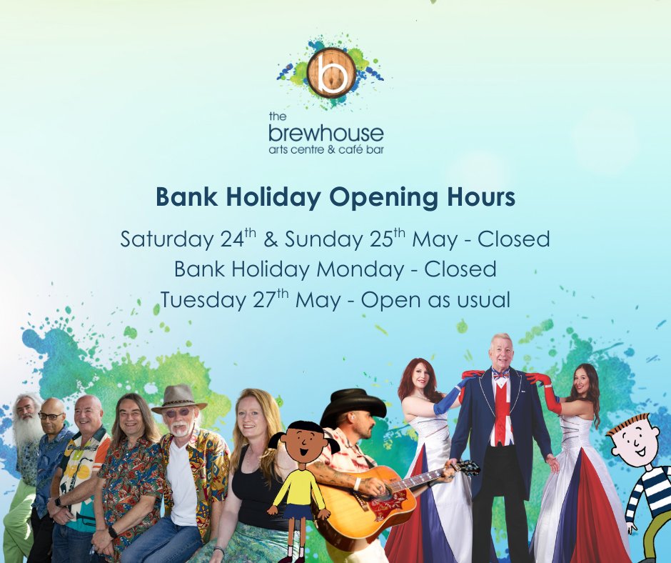We're closed for the Bank Holiday, but our website’s always open!

🎭 You Choose – May half-term fun for the kids
🎶 Gryphon, Nashville Sounds, &amp; Neil Sands VE Day Special – live this June
🎟️ orlo.uk/WzoJo

#LiveMusic #FamilyTheatre #YouChooseShow #TheBrewhouseBurton