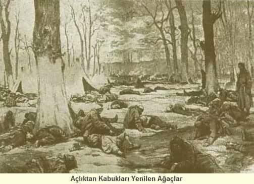 1912-1913 Balkan Savaşları'nda Edirne Sarayiçi'ne kapatılan Türkler'in, açlıktan ağaçları kemirdikleri, işkence ile öldürüldükleri anı tespit eden bu tablo, tarafsız gözlemci İngiliz gazeteci Georges Scott tarafından 19.04.1913 tarih ve 3660 sayılı L'ıllustration'da
