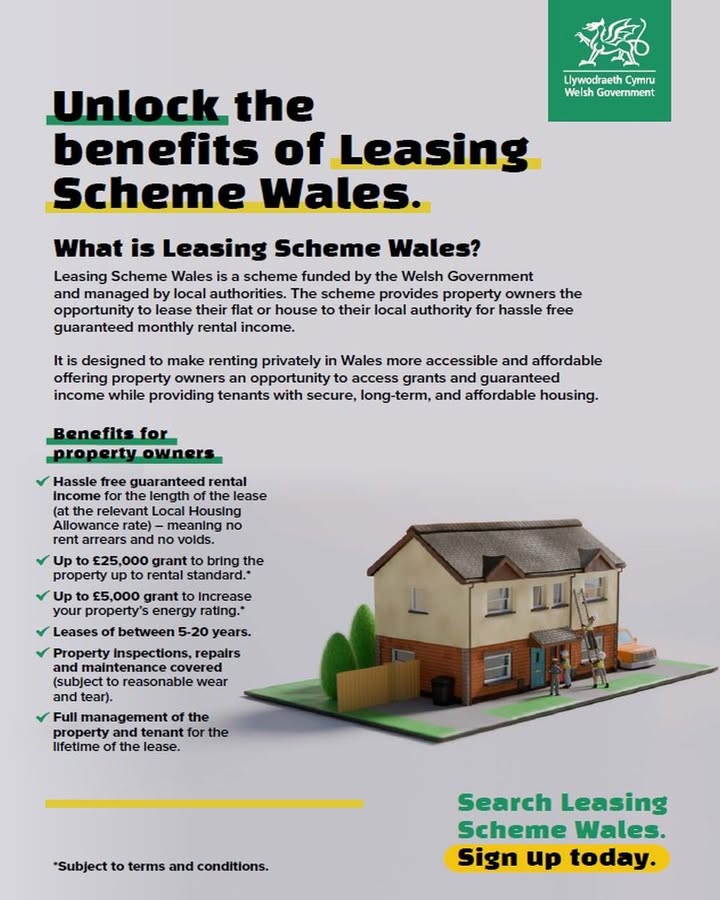 Unlock the benefits of Leasing Scheme Wales

Did you know you can lease your property to the local authority and get hassle-free guaranteed rental income for between 5 and 20 years? 

For more information, visit 
gov.wales/leasing-scheme…