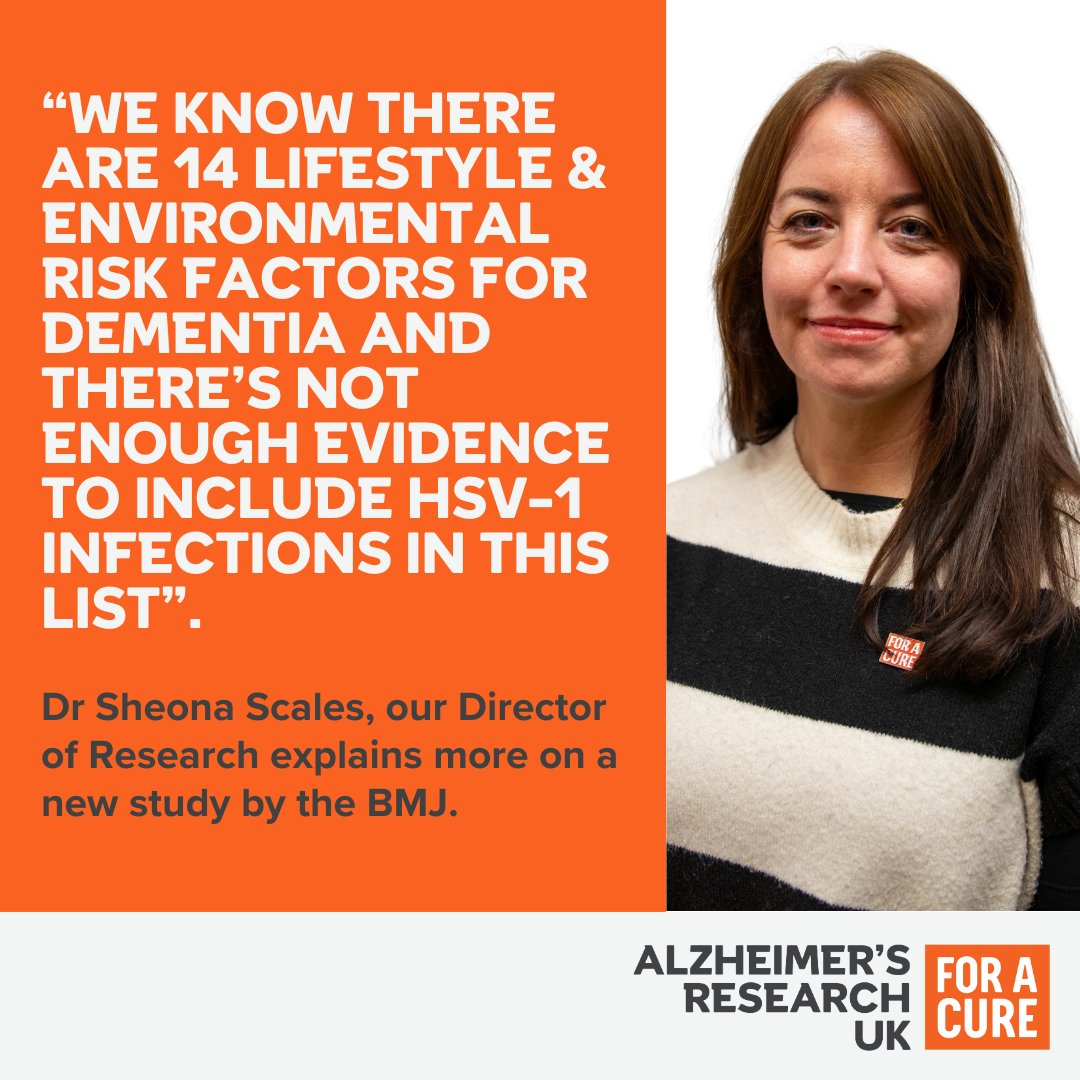 Alzheimer's Research UK (@alzresearchuk) on Twitter photo A new study by <a href="/bmj_latest/">The BMJ</a> suggests a link between the herpes virus - which can cause cold sores - and Alzheimer’s disease. 
But this is very early work, and more research is needed to understand how infections may affect dementia. 
Our Director of Research, Dr Sheona Scales, A new study by <a href="/bmj_latest/">The BMJ</a> suggests a link between the herpes virus - which can cause cold sores - and Alzheimer’s disease. 
But this is very early work, and more research is needed to understand how infections may affect dementia. 
Our Director of Research, Dr Sheona Scales,