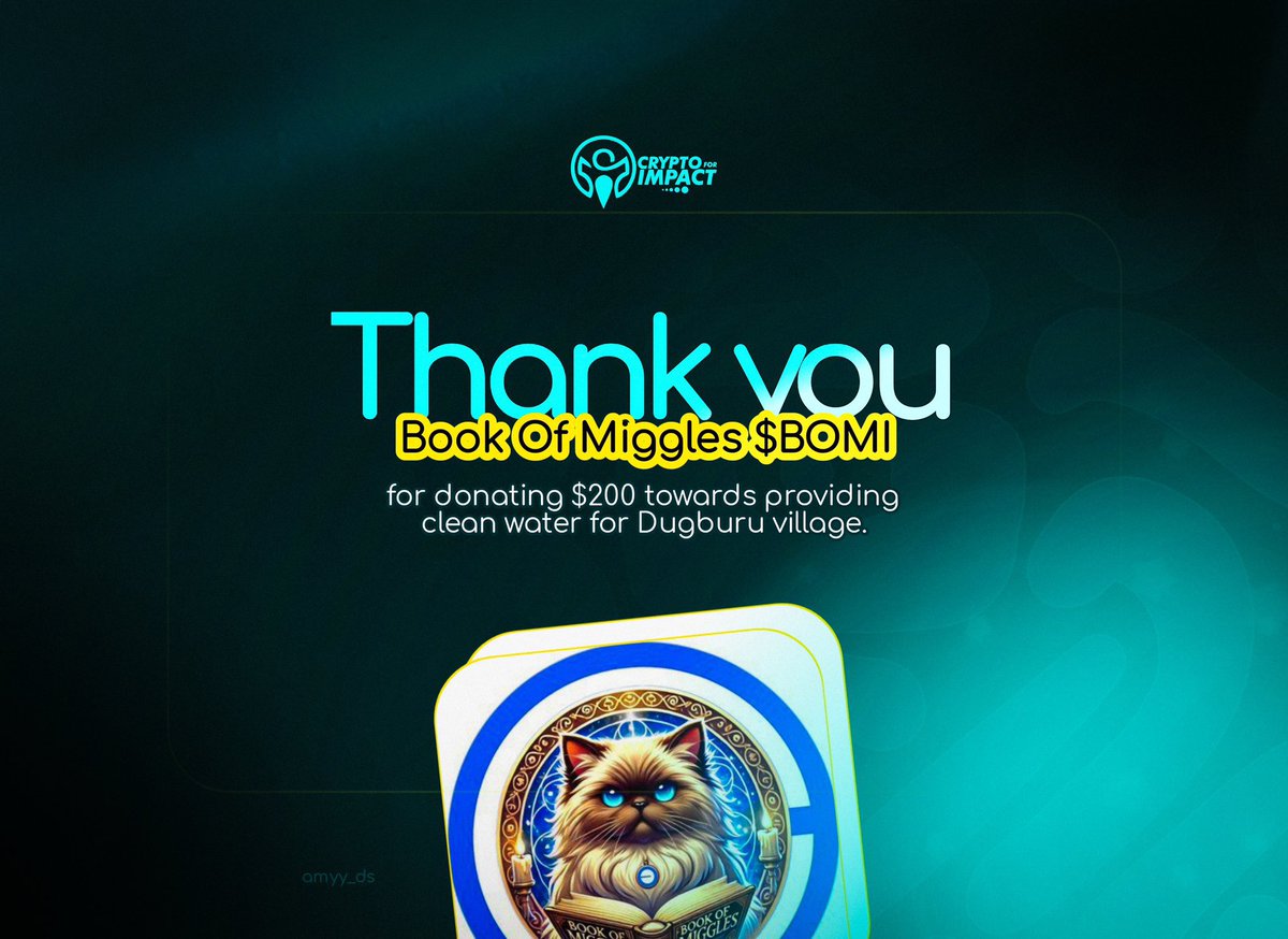 Crypto_For_Impact (@crypto_4_impact) on Twitter photo A big thank you to <a href="/Book_of_Miggles/">Book of Miggles</a> for donating towards the building of boreholes in Dugburu community.
Thank you for supporting Dugburu to have access to clean and safe water.
💚🩵🕊️
——————————
Goal: $6000
Amount raised: 1,600
Pending: $4,400
Join us, let’s impact lives A big thank you to <a href="/Book_of_Miggles/">Book of Miggles</a> for donating towards the building of boreholes in Dugburu community.
Thank you for supporting Dugburu to have access to clean and safe water.
💚🩵🕊️
——————————
Goal: $6000
Amount raised: 1,600
Pending: $4,400
Join us, let’s impact lives