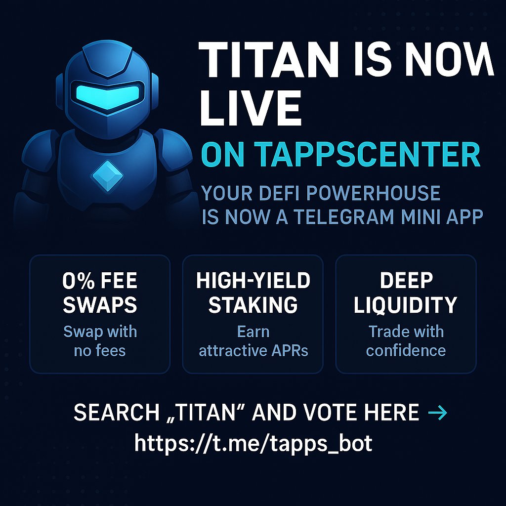 Abuchi55764796's tweet photo. 🚀 Titan is now LIVE on @tappscenter!
Experience DeFi like never before—directly in Telegram.
💠 0% Swap Fees
💠 Deep CLMM-powered liquidity
💠 No gas. No friction. Just pure performance.
📲 Trade now → https://t.co/JyhIElD74C
🗳️ Vote Titan to the top
#TON #DeFi #Titan #Teleg https://t.co/fVb1sAGxi6