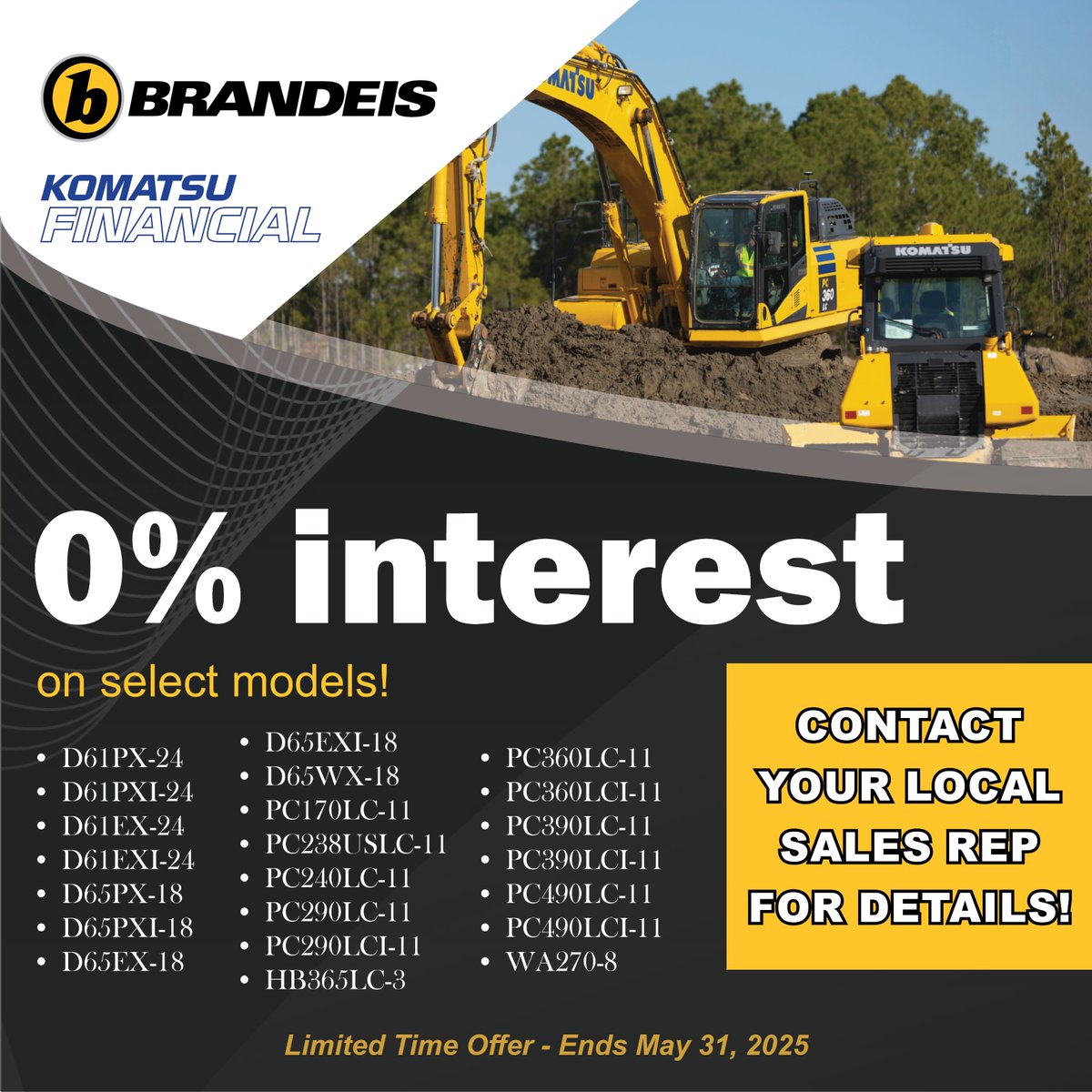 Now offering 0% financing on select Komatsu machinery. Boost your fleet with equipment built for performance, power, &amp; reliability. Offer ends May 31st, 2025.

Ready to move? Contact your local branch today!
#BrandeisMachinery #Komatsu #Construction
