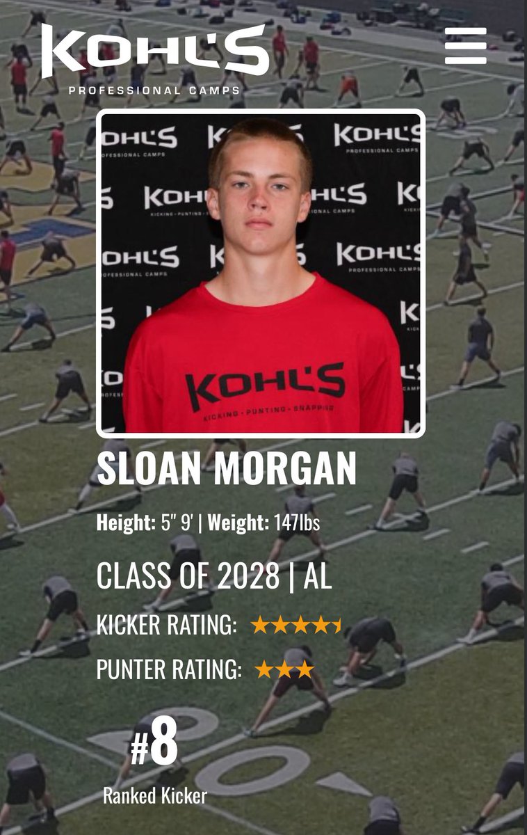 Sloan Morgan (@sloanmorgan_2) on Twitter photo Had a great showing at Kohls Spring Showcase and it shows! #8 kicker for class of 2028 in the country and 4.5⭐️!!! Thank you <a href="/_Mike_McCabe/">Coach Mike McCabe</a> and <a href="/OneOnOneKicking/">OneOnOne Kicking Camps🏈</a> for getting to where I am! #1 soon👀 <a href="/KohlsKicking/">Kohl's Kicking Camps</a> <a href="/RecruitTheHills/">RECRUIT VESTAVIA</a> <a href="/1rebelfootball/">Vestavia Hills Football</a> Had a great showing at Kohls Spring Showcase and it shows! #8 kicker for class of 2028 in the country and 4.5⭐️!!! Thank you <a href="/_Mike_McCabe/">Coach Mike McCabe</a> and <a href="/OneOnOneKicking/">OneOnOne Kicking Camps🏈</a> for getting to where I am! #1 soon👀 <a href="/KohlsKicking/">Kohl's Kicking Camps</a> <a href="/RecruitTheHills/">RECRUIT VESTAVIA</a> <a href="/1rebelfootball/">Vestavia Hills Football</a>