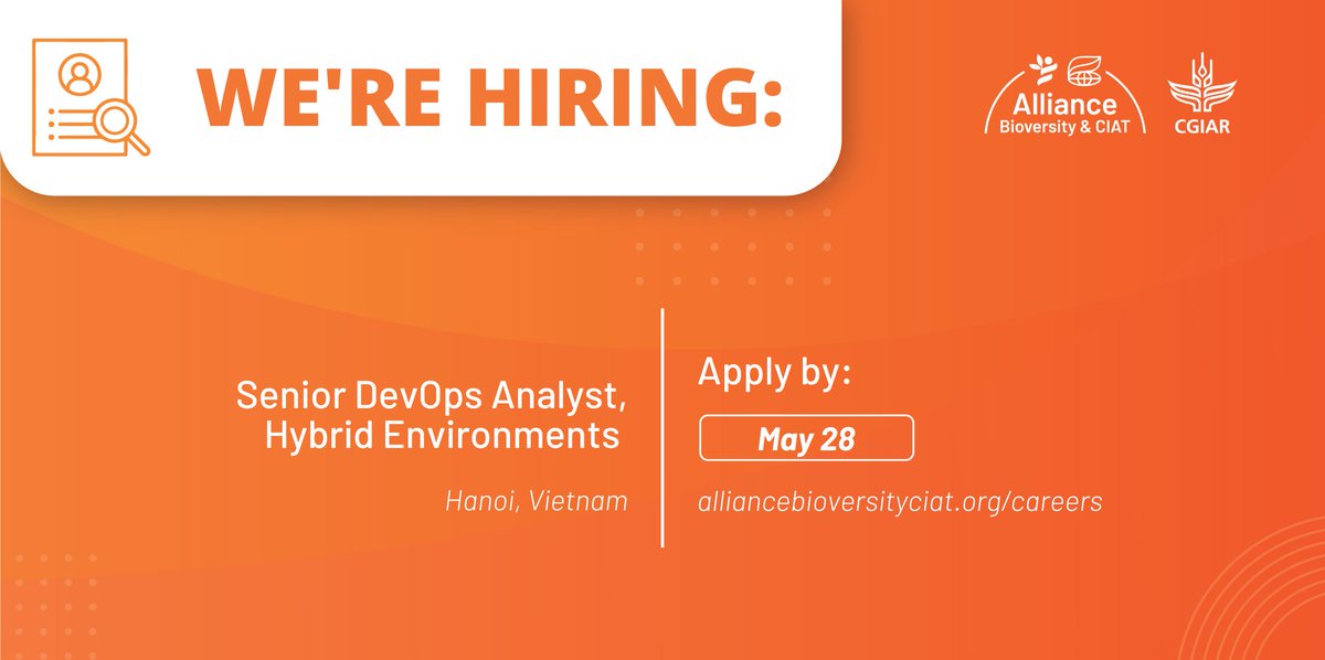 CGIAR (@cgiar) on Twitter photo 📢 <a href="/BiovIntCIAT_eng/">Alliance of Bioversity International and CIAT</a> is looking for a Senior DevOps Analyst to design, deploy and support scalable, secure cloud and hybrid solutions tailored to research projects.
🎯 Based in Hanoi, Vietnam
✅ Apply by May 28
More info: 👉 allbiociat.org/42XuNEn
#OneCGIAR 📢 <a href="/BiovIntCIAT_eng/">Alliance of Bioversity International and CIAT</a> is looking for a Senior DevOps Analyst to design, deploy and support scalable, secure cloud and hybrid solutions tailored to research projects.
🎯 Based in Hanoi, Vietnam
✅ Apply by May 28
More info: 👉 allbiociat.org/42XuNEn
#OneCGIAR