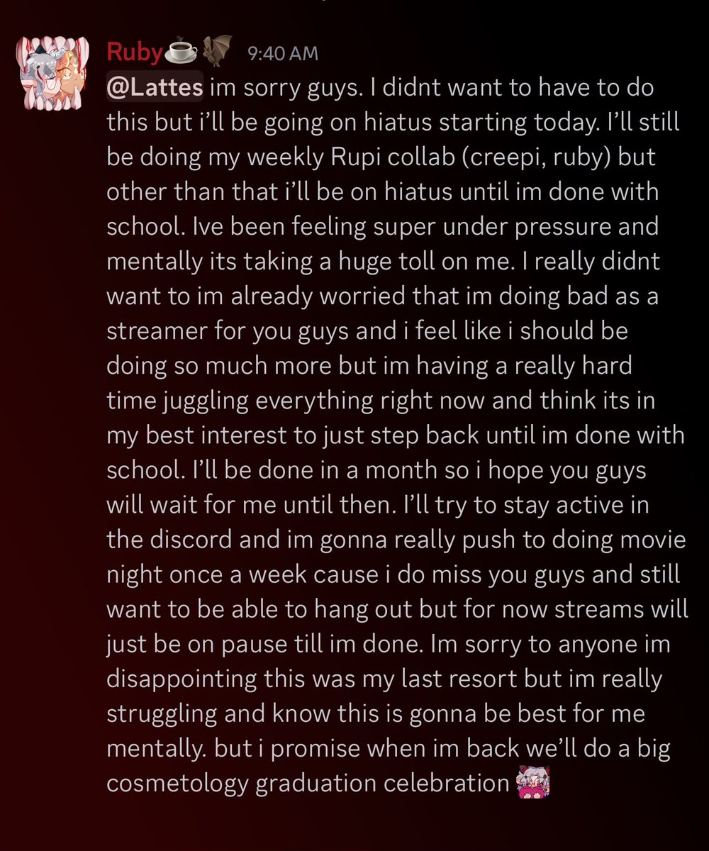 Hiatus Announcement💔

Im sorry to anyone im disappointing with this. Im just really struggling with everything right now.