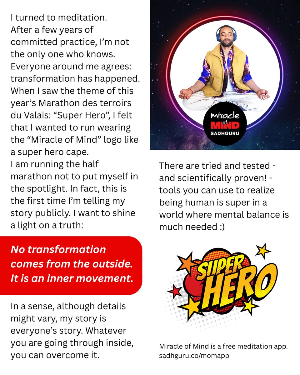 nanowellbeing's tweet photo. ๐ฅ FROM ROCK BOTTOM TO SUPERHERO ๐ฆธโโ๏ธ ๐ฅ
War. Trauma. Addiction. Running away.
Then - meditation transformed him!
Now, he's #running the Super Hero #marathon, #Martigny, wearing a #MiracleOfMind cape ๐งโจ
Download the FREE Miracle of Mind #meditation app:
https://t.co/4yHtRsEnGb https://t.co/jSdQFErJLv