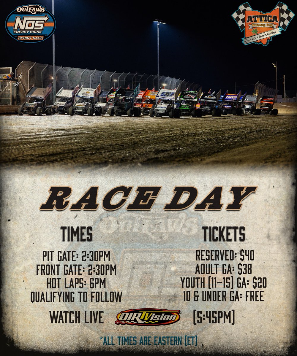 Let's try this again... It's race day at @AtticaRacewyPrk!

Reserve seats still available for purchase at WorldofOutlaws.com. Can't be here? Stream every lap live on @DIRTVision.