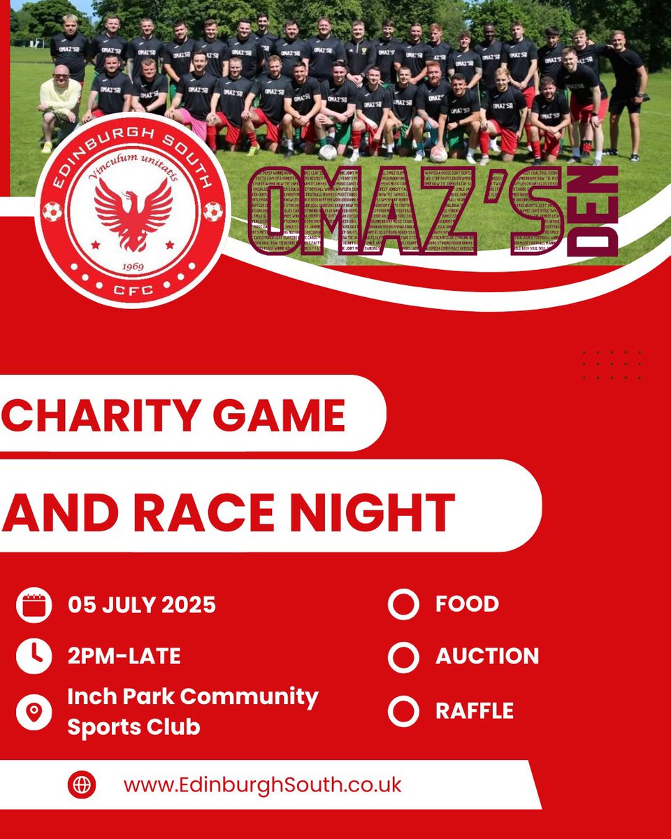 Our U20s take on Omaz’s Den in a Charity Game &amp; Race Night!

Game kicks off at 3PM | Race Night starts at 6:30PM
Date: 5 July 2025
Venue: Inch Park Community Sports Club

Race Night Tickets: £10
Buy a horse: £10 | Sponsor a race: £50

Contact us for more info!