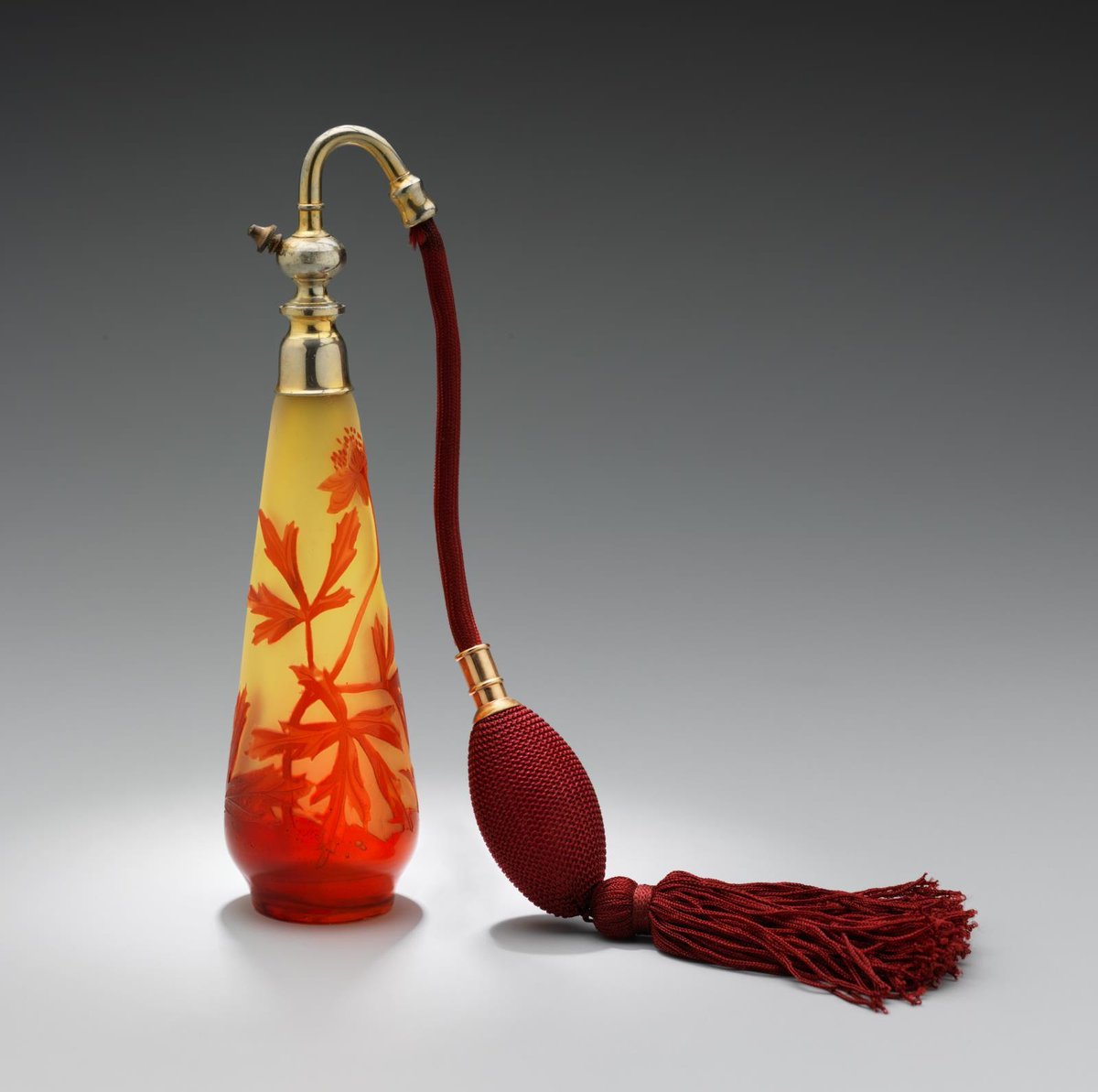 You may know Emile Gallé for his art glass, made in Nancy, France. But, he also applied his craft to everyday objects like this perfume bottle.

Emile Gallé, Perfume bottle, Acid-etched and enameled cameo glass, c. 1900, <a href="/mfaboston/">Museum of Fine Arts, Boston</a>
#AntiqueOfTheDay