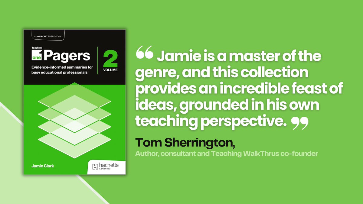 John Catt Educational from Hachette Learning (@johncatted) on Twitter photo Out now! Teaching One Pagers 2 from <a href="/XpatEducator/">Jamie Clark</a>, provides concise A4 summaries that distil key educational research! Check out this amazing review from <a href="/teacherhead/">Tom Sherrington</a>. Order your copy and read the full review here ow.ly/k2GC50VQUc2
#OnePagers #TeacherPD Out now! Teaching One Pagers 2 from <a href="/XpatEducator/">Jamie Clark</a>, provides concise A4 summaries that distil key educational research! Check out this amazing review from <a href="/teacherhead/">Tom Sherrington</a>. Order your copy and read the full review here ow.ly/k2GC50VQUc2
#OnePagers #TeacherPD