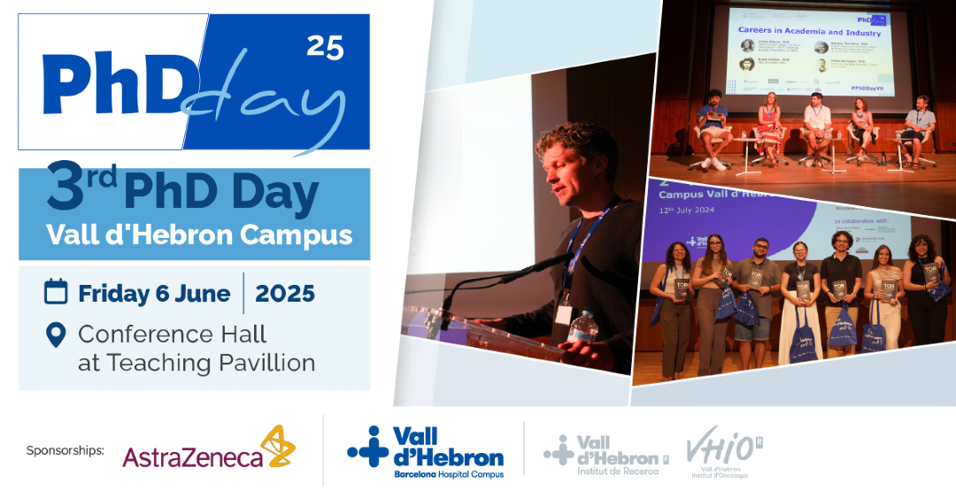Vall d'Hebron Institut de Recerca (@vhir_) on Twitter photo On 6th June, we'll celebrate the 3rd #PhDDay25 at #VHIR & <a href="/VHIO/">Vall d’Hebron Institute of Oncology (VHIO)</a>! 🔬 A day full of talks, a panel discussion on alternative careers, and a PhD thesis contest. Join us!
📍 Teaching Pavilion, <a href="/vallhebron/">Vall d'Hebron</a>
Register now! 👉 vallhebron.social/phdday-2025 On 6th June, we'll celebrate the 3rd #PhDDay25 at #VHIR & <a href="/VHIO/">Vall d’Hebron Institute of Oncology (VHIO)</a>! 🔬 A day full of talks, a panel discussion on alternative careers, and a PhD thesis contest. Join us!
📍 Teaching Pavilion, <a href="/vallhebron/">Vall d'Hebron</a>
Register now! 👉 vallhebron.social/phdday-2025