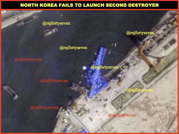 rajfortyseven's tweet image. #DPRK #NorthKorea fails to launch its second destroyer yet #TBN at newly built facility of #Chongjin shipyard.
Possibly it was human error &amp;amp; premature slide of stern of 5000T ship.
Satellite images indicate launch mechanism worked perfectly.