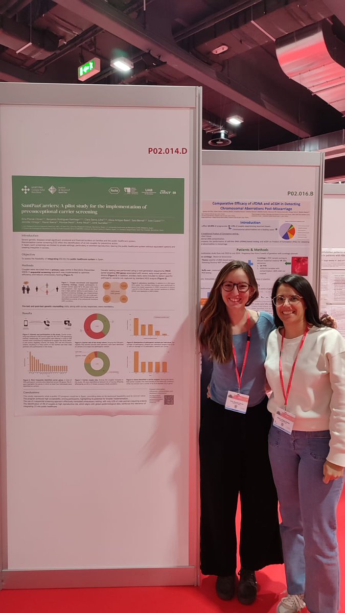 GeneticaSantPau's tweet photo. L'investigadora predoctoral Aina Marsal i l'assessora genètica Alícia Artigas han presentat el seu pòster sobre el projecte SantPauCarriers al congrés europeu de genètica humana (ESHG) a Milà https://t.co/CqUKf5t2Bm